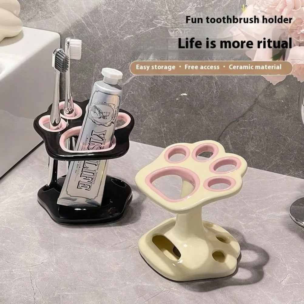 Cat Paw Shape Ceramic Toothbrush Holder Cute No Punching Toothbrush Holder Base Makeup Brush Storage Bathroom Accessories Tool Oasis Select