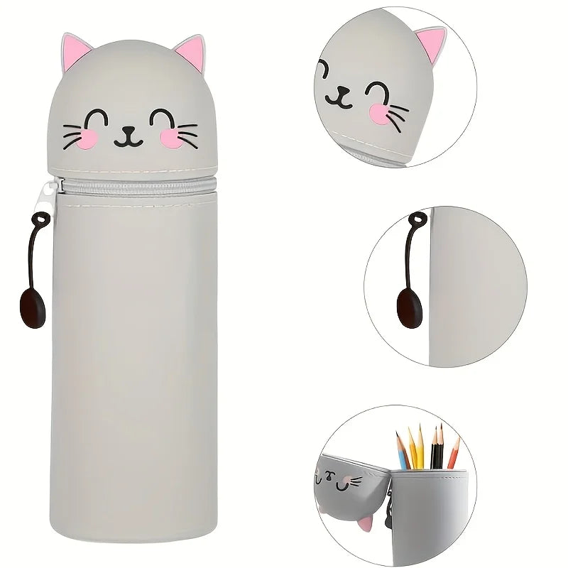 1pc 2-in-1 Expandable Silicone Cute Pencil Case,Cute Cat Design Desk Organizer, Soft Durable Storage Bag for School Office Home Oasis Select