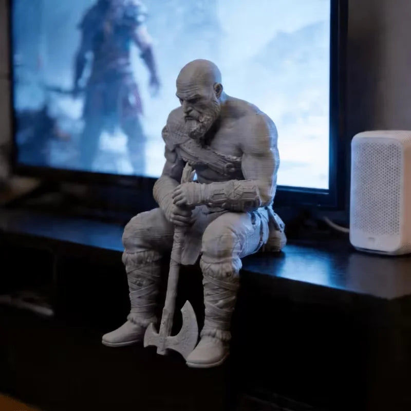 Nordic Warrior Sitting Figurine 3D Printed Muscular Bearded Statue Melancholic Style Sculpture Gothic Art Decor for Home Desktop Oasis Select