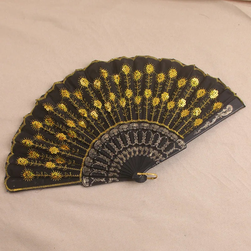 Silk Fan Folding Fan Wedding Art Gifts Peacock Sequin Dancing Fan Hand Held Fan Home decoration Oasis Select E