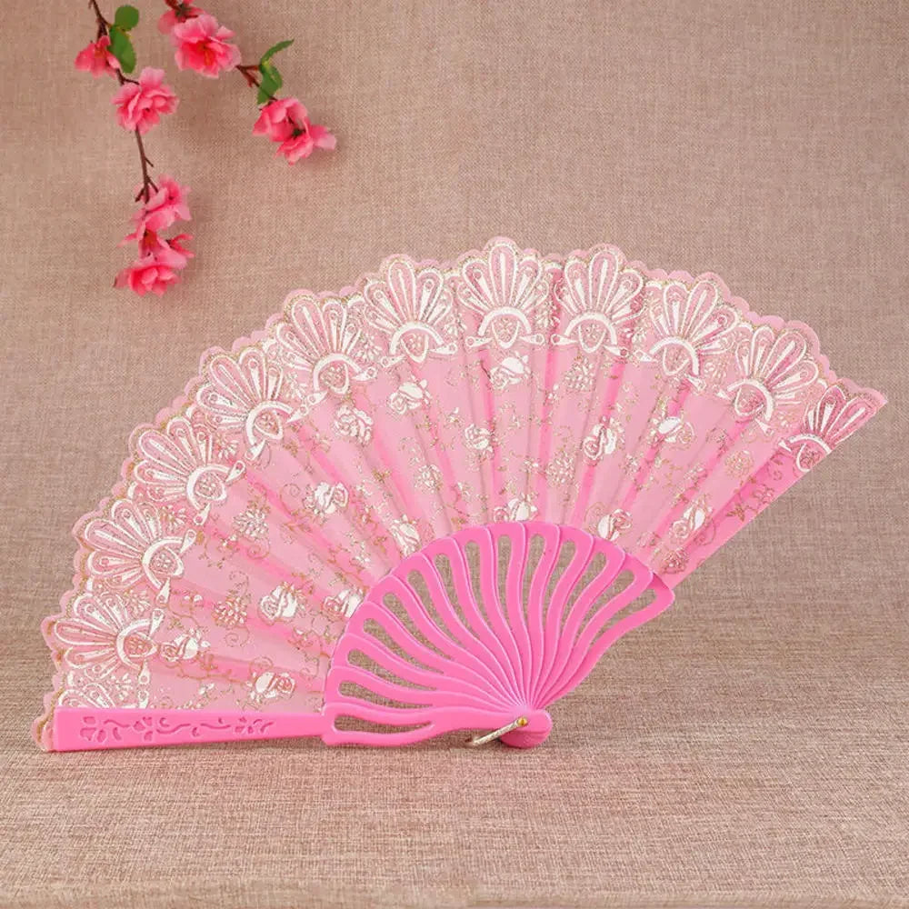 23 Colors Lace OR Cloth Spanish Fabric Silk Folding Hand Held Dance Fan Flower Party Wedding Prom Dancing Summer Fan Accessories Oasis Select Pink