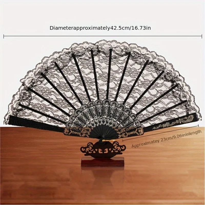 Vintage Chinese Lace Fan - Floral Pattern Black & Golden Tassel Handheld Cooling Fan, Photo Props, Summer Fashion Accessory Oasis Select black