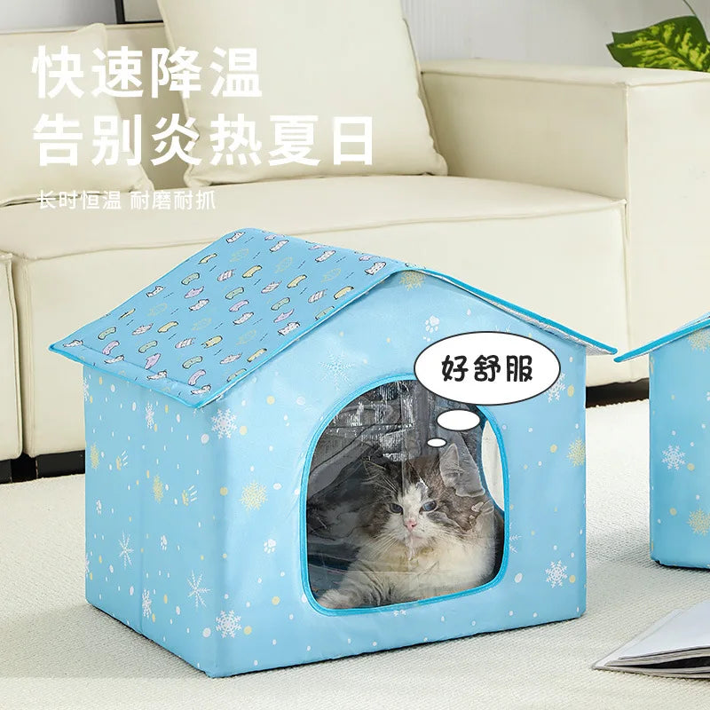 Summer Cool Bed for Cats and Dogs Foldable Cat Air-conditioned House Homemade Ice Packs for Cooling Pet House Ice Bed Oasis Select blue L 40x50x47CM