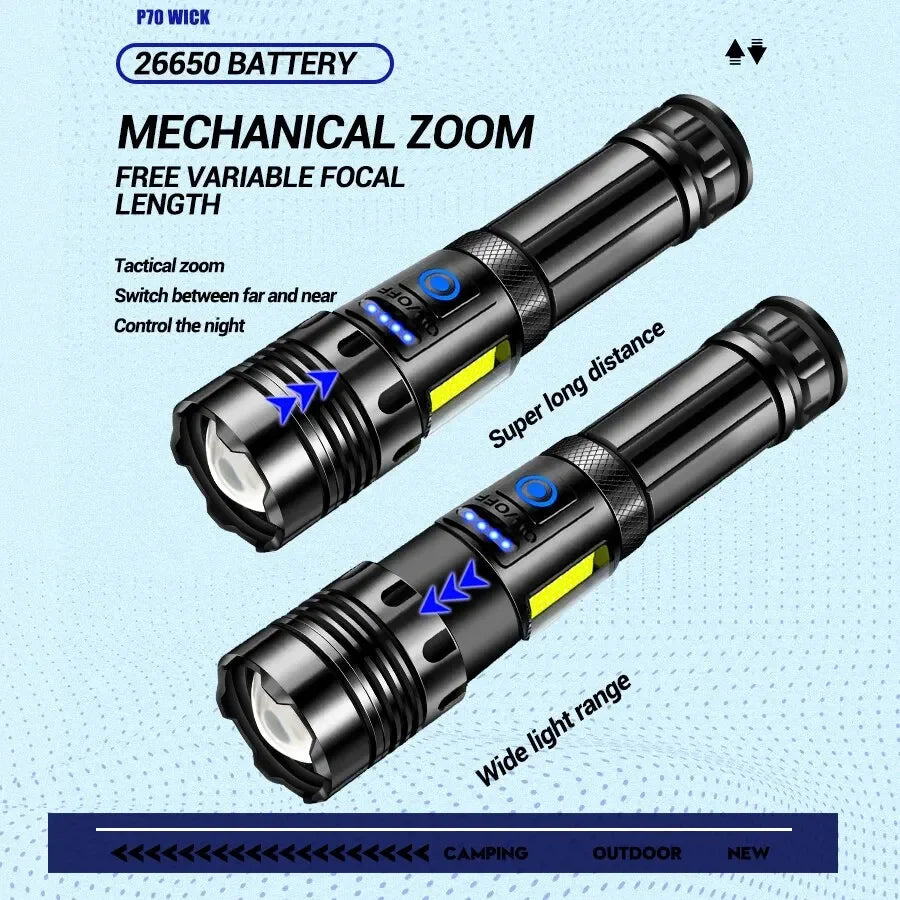 Super Bright XHP70 Powerful Led Flashlight Power Bank Torch Light USB Rechargeable Camping Tactical Flashlight with COB Lamp Oasis Select
