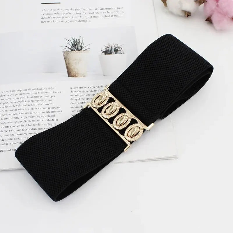 Women Belt Fashion Elastic Waist Cover Golden Buckle Elastic Waist Closure Versatile Wide Belt Paired With Dress Coat Lady Belts Oasis Select black 85cm