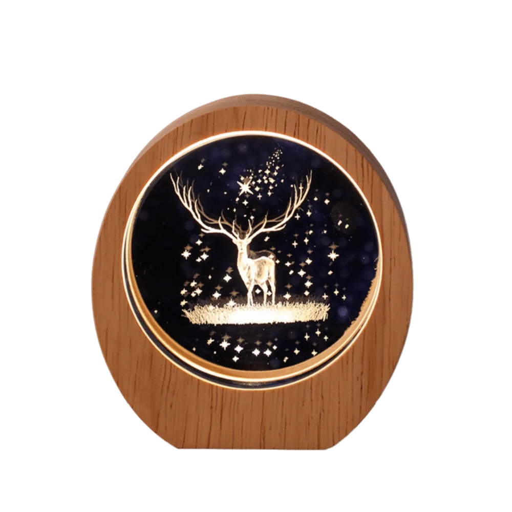 3D Solar System Planet Night Light – Wood Base Crystal Glow