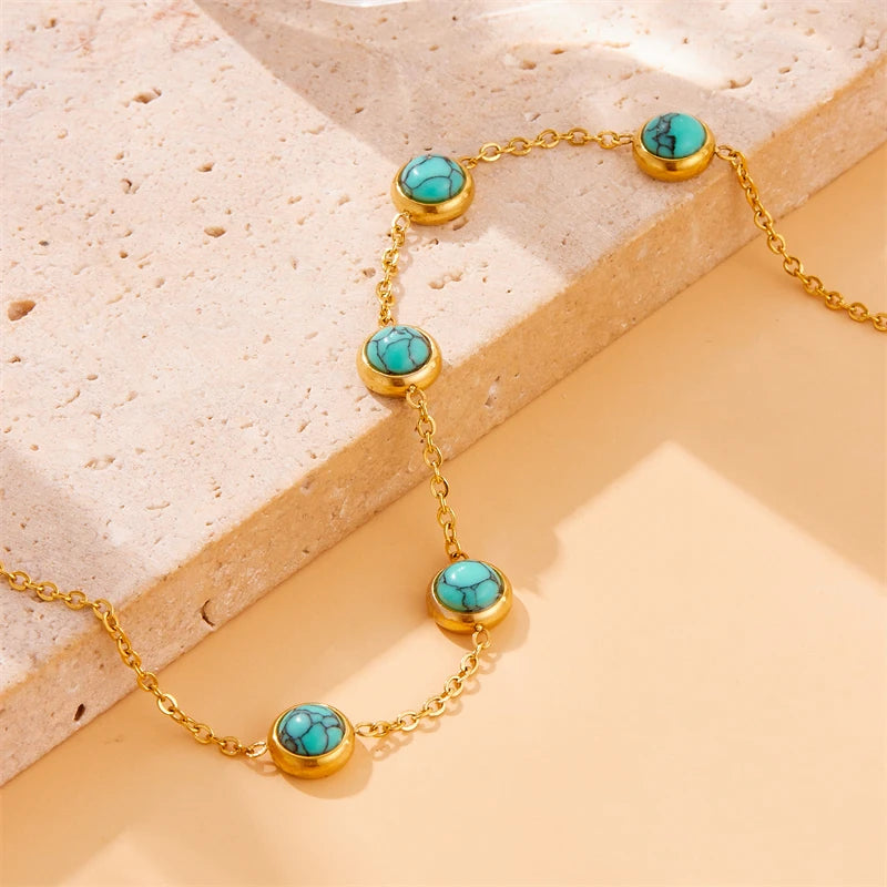 DIEYURO 316L Stainless Steel Round Turquoise Necklace Bracelet Earrings Suit For Womens 2024 New TrendNon-fadingjewelry Set Oasis Select