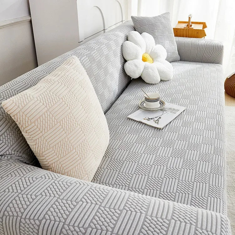 Bohemian Jacquard Velvet Sofa Cover for Autumn and Winter Thickened Plush, High-end Feel Cat Scratch-resistant Sofa Cover Oasis Select 4 people 235-300cm Light gray