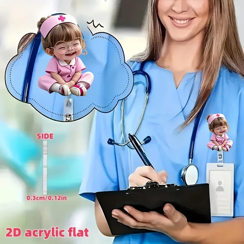 2D Flat， Cute Nurse ID Badge Holder with Glasses Pattern & Retractable Drawstring Oasis Select