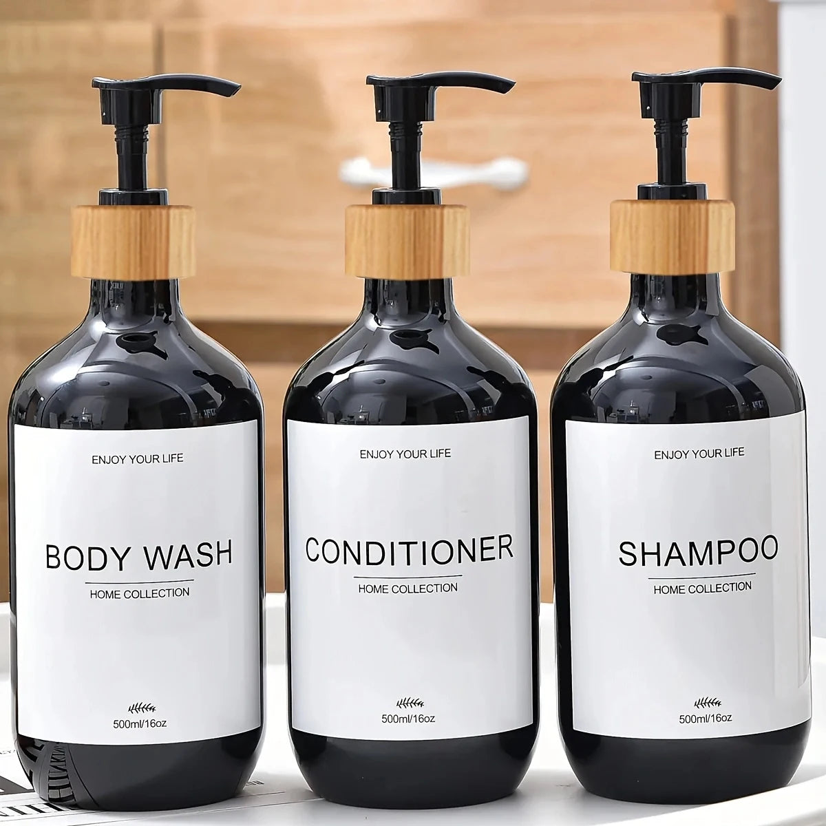 Bathroom Shampoo Dispenser Set 500ml Conditioner Body Wash Bottles Refillable Dispenser Farmhouse Decoration Storage Bottles Oasis Select Black