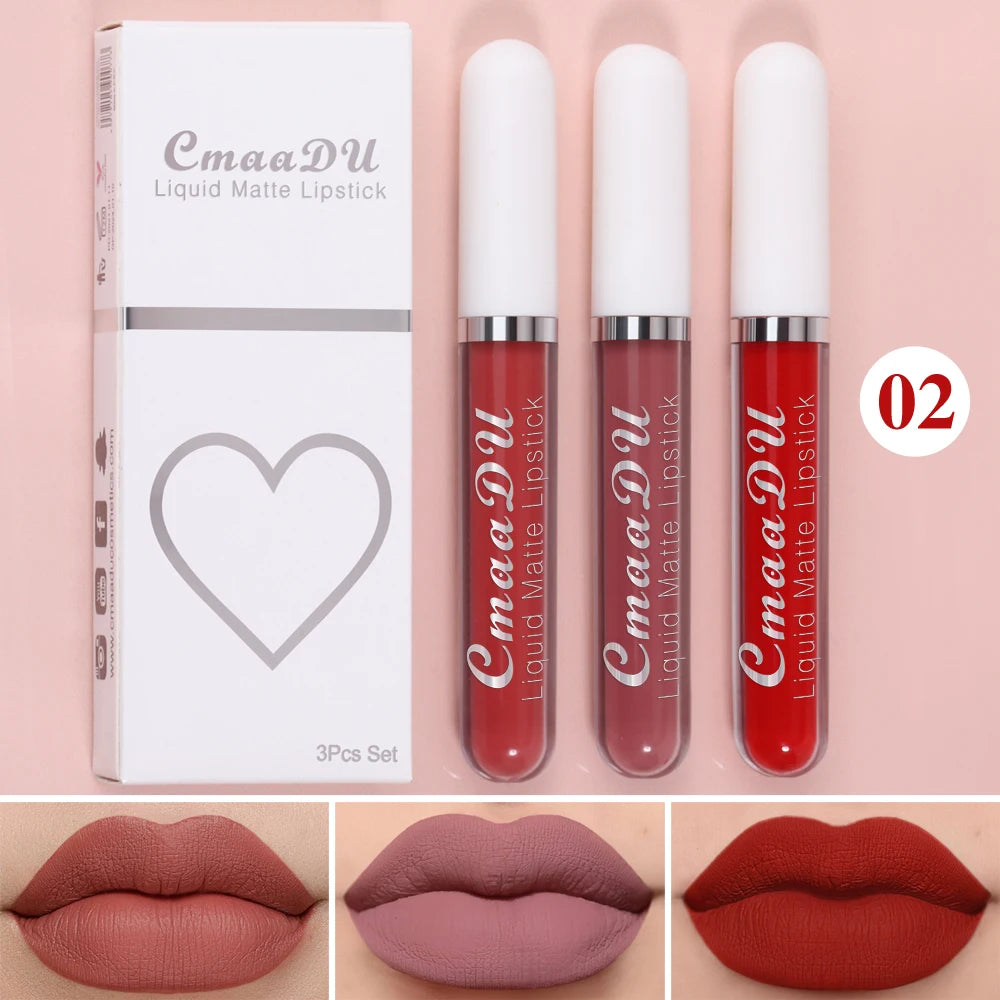 3 Pcs Matte Lipstick Lip Gloss Sets Long-Lasting Non-Fading Waterproof Non-stick Cup Exquisite Gift Everyday Holiday Universal Oasis Select 02