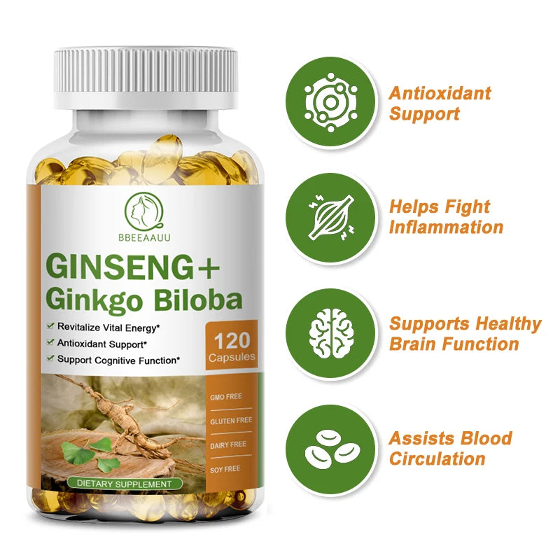 BBEEAAUU Ginseng Ginkgo Capsules Support Healthy Brain, Memory Cognitive Functions,Combat Stress & Fatigue Improve Immune System Oasis Select