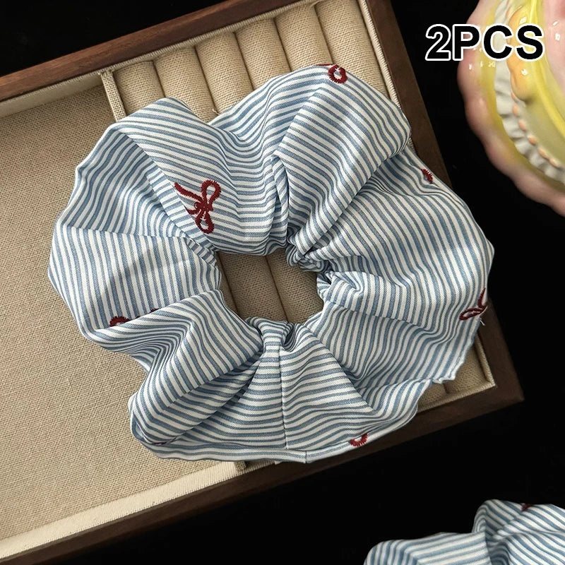 2Pcs Korean Delicate Style Blue Striped Red Bow Cherry Scrunchie Hair Tie Fashionable New Hair Accessories Oasis Select A1
