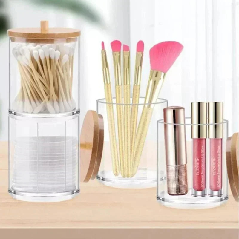 Acrylic Storage Box Bathroom Jar Makeup Organizer Cotton Round Pad Holder Cotton Swab Box Qtip Holder Dispenser with Bamboo Lid Oasis Select