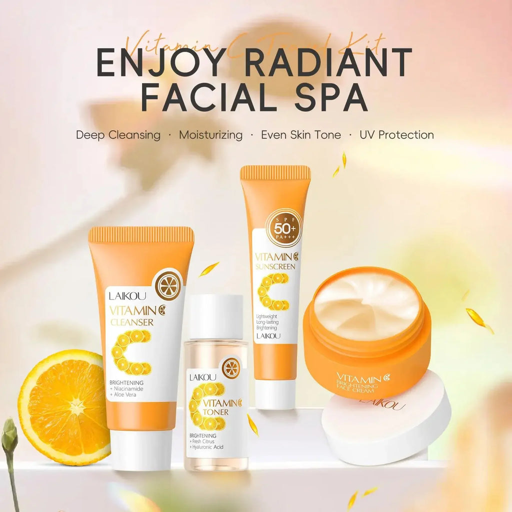 Vitamin C Skincare Set 4pcs Travel Kit Cleanser Toner Essence Cream Sunscreen Protection Deep Cleansing Moisturizing Facial Care Oasis Select