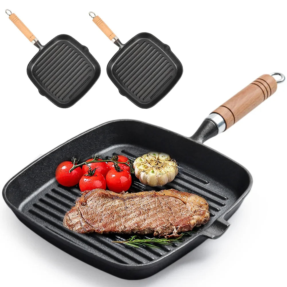 Cast Iron Grill Pan Non-Stick Square Skillet with Drip Spout with Wooden Handle for Indoor & Outdoor Grilling Oasis Select