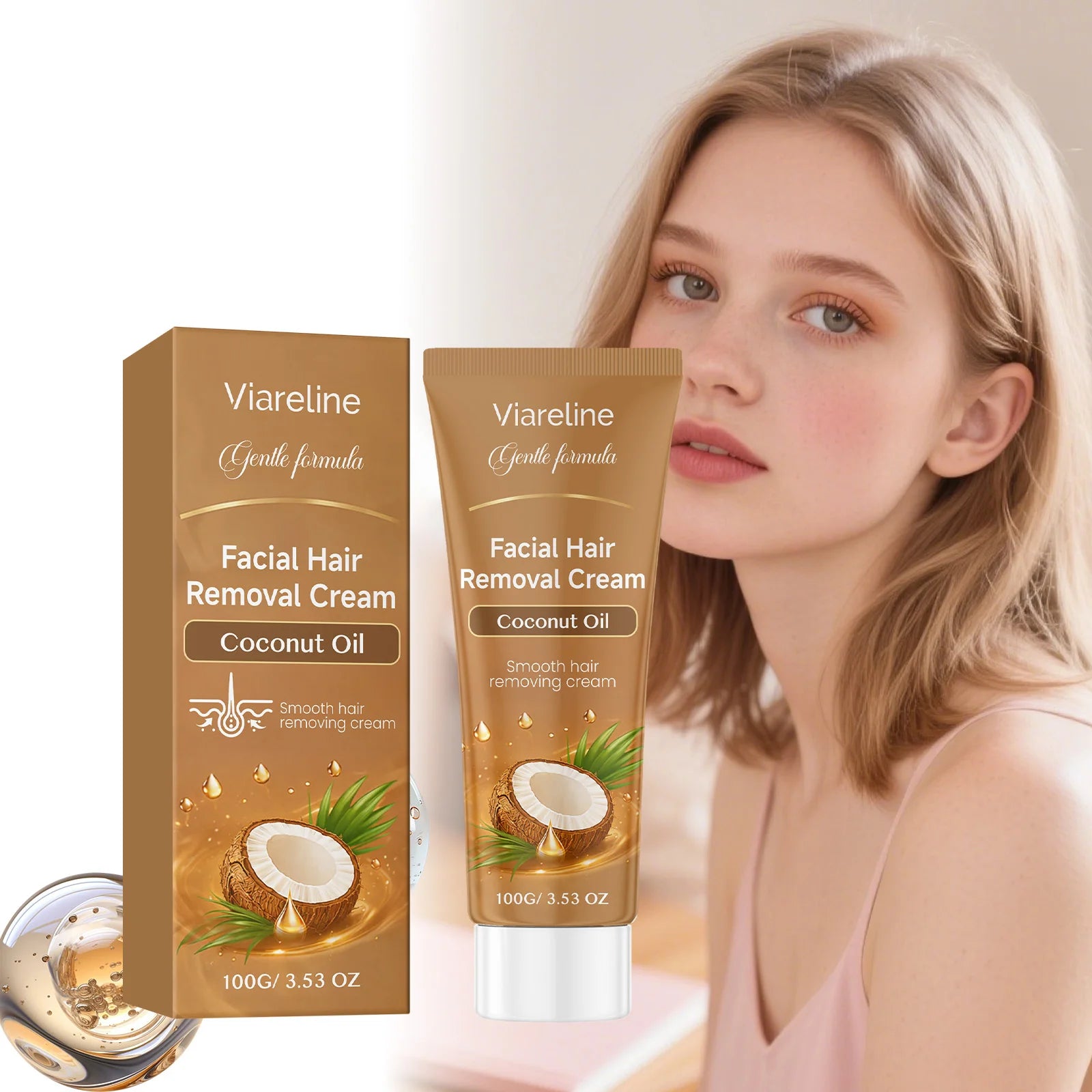 VIARELINE Coconut Oil Facial Hair Removal Cream – Painless Facial Depilatory Cream Oasis Select