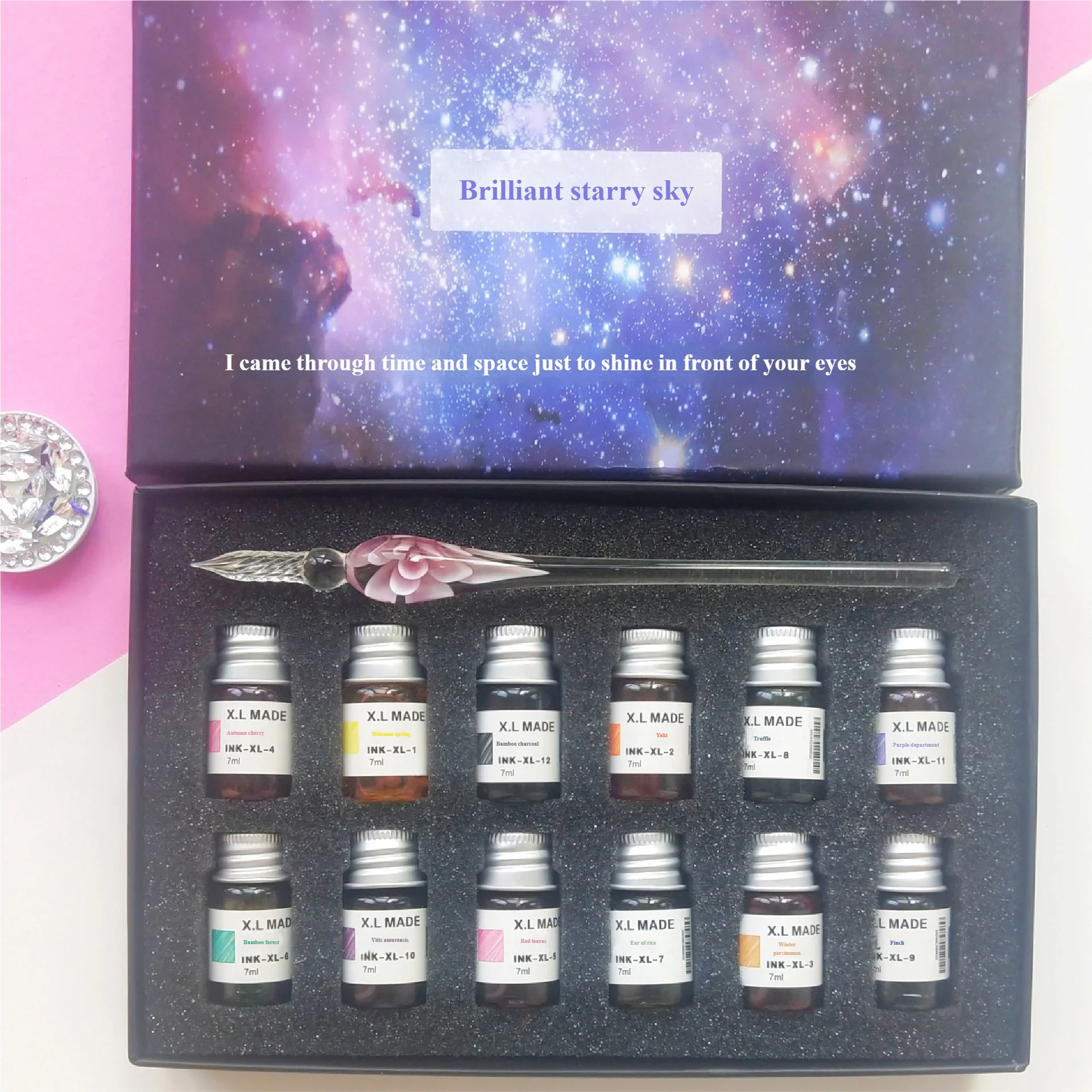Star glass pen dipped in fountain pen gift box gold powder color ink set for students, net red Tiktok creative gift pen Oasis Select