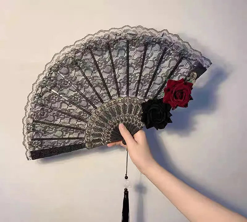 Dance Fan Ornament Ladies Lace Hand Fan Black White Cloth Folding Fans Spanish Hand for Wedding Party Favor Accessories Oasis Select I