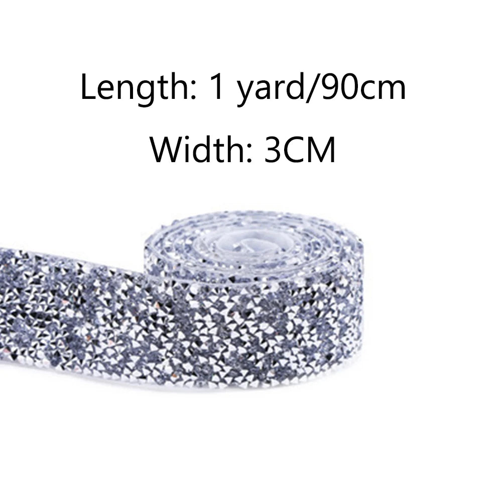 1 Yard Self-Adhesive Gold Crystal Rhinestone Tape Trim Applicator DIY Shoes Dresses Decoration Rhinestones Ribbon Roll Crafts Oasis Select 3cm Silver