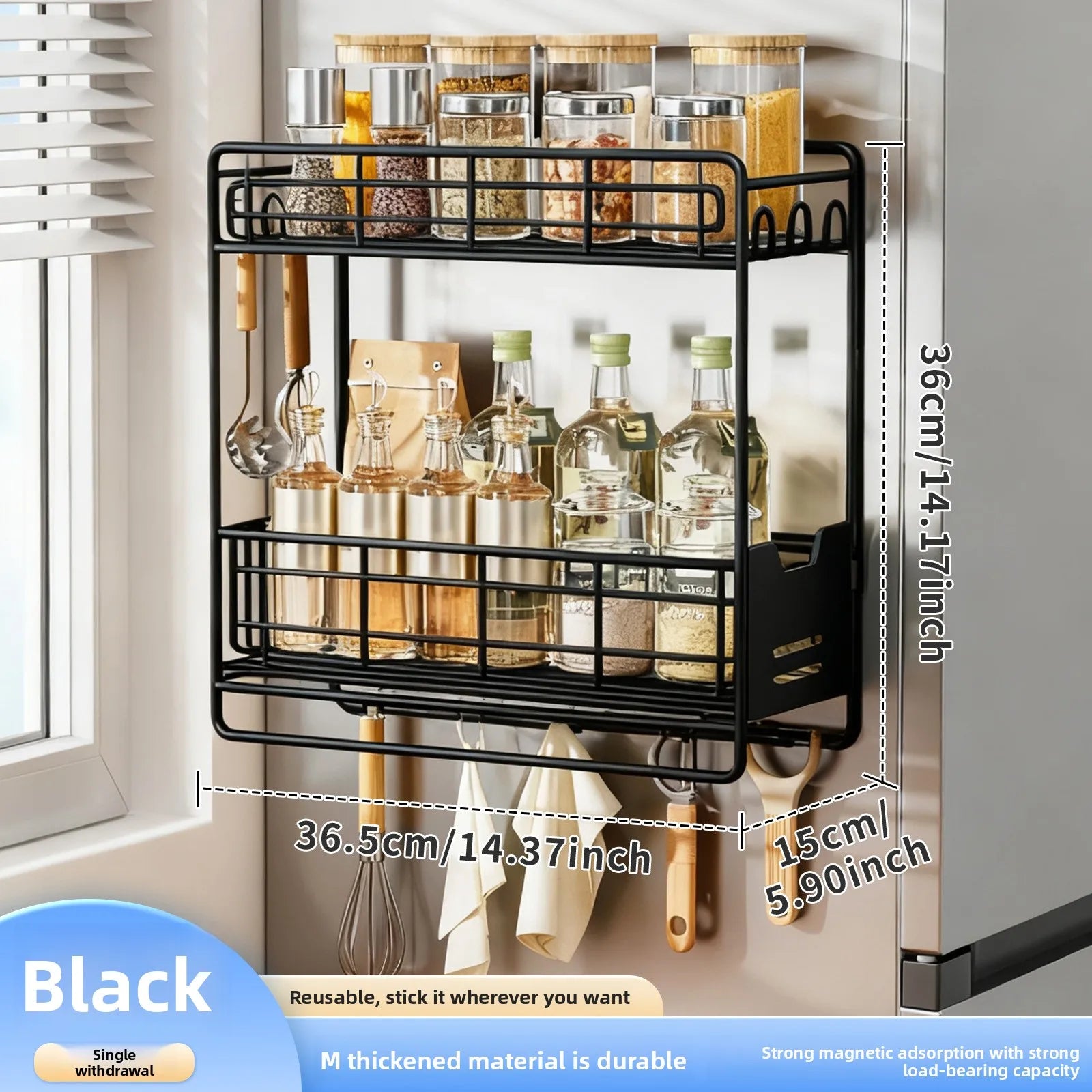 Kitchen, refrigerator rack, pullable refrigerator rack, washing machine hanger, magnetic seasoning, plastic wrap storage rack Oasis Select black