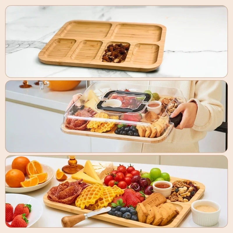 Bamboo Cheese Tray with Transparent Acrylic Lid - Portable Charcuterie Board for Camping, Party, Restaurants Snack Serving Tray Oasis Select