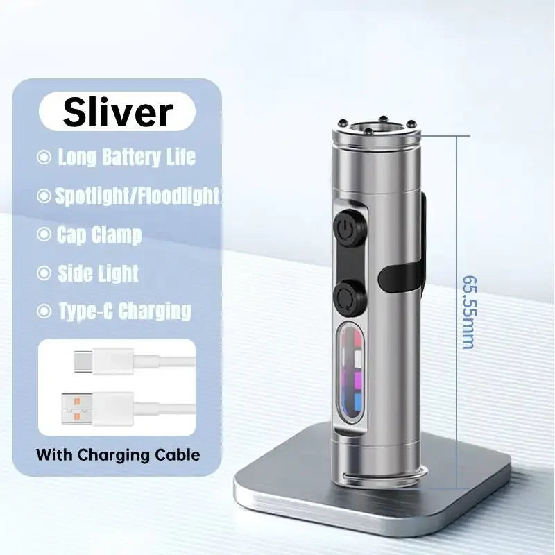 Shunmaii Mini USB-C Rechargeable Flashlight – Hat Clip & Magnet Mini LED Flashlight Oasis Select Silver Australia