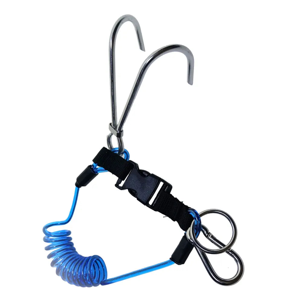 316SS Reef Drift Hook Spring Anti-Lost Rope Double End Diving Hook with Spiral Coil Lanyard Scuba Current Reef Hook Oasis Select Blue