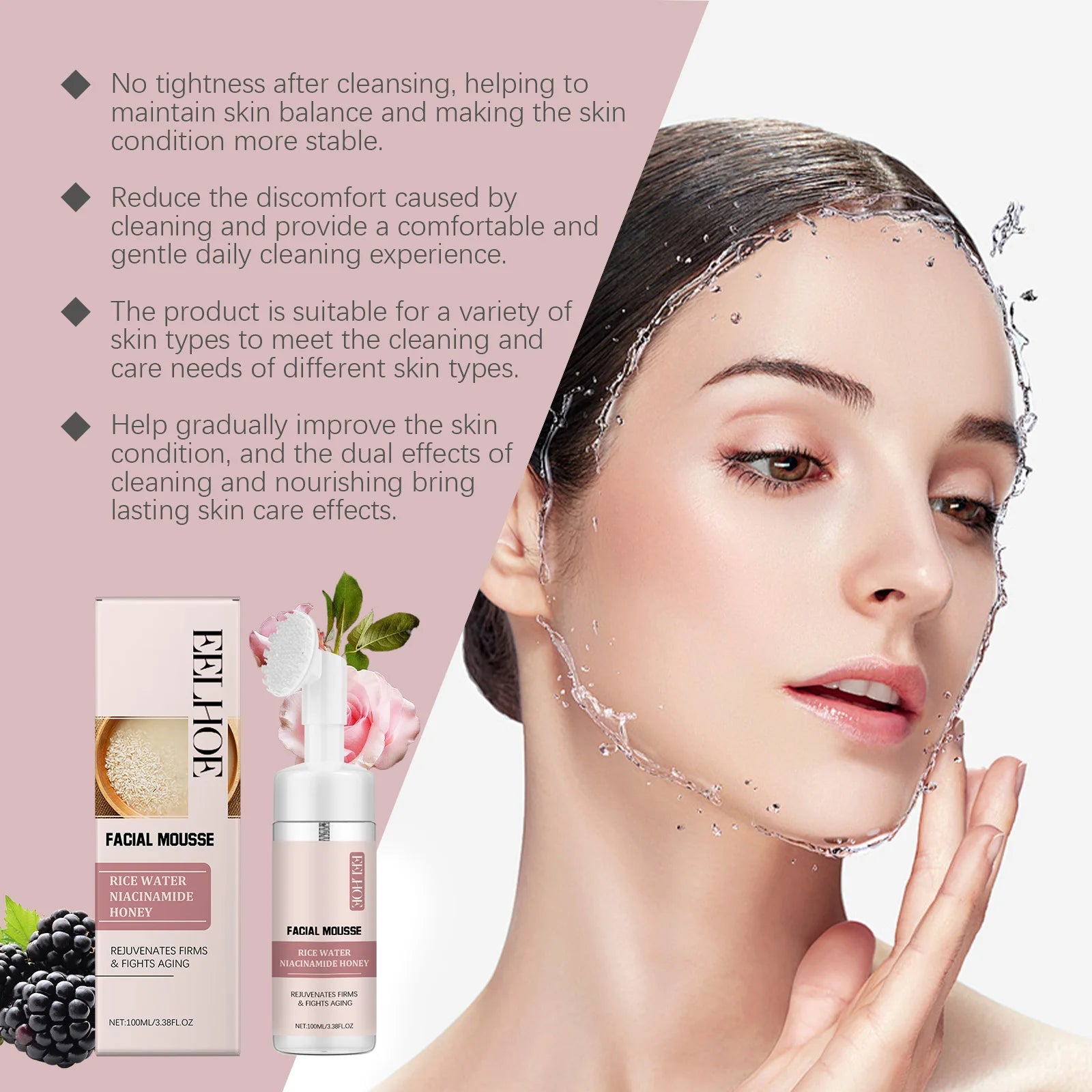 Rice Facial Cleanser Exfoliating Remove Dirt Anti Acne Oil Control Deep Cleansing Pores Shrinking Brightening Cleansing Mousse Oasis Select