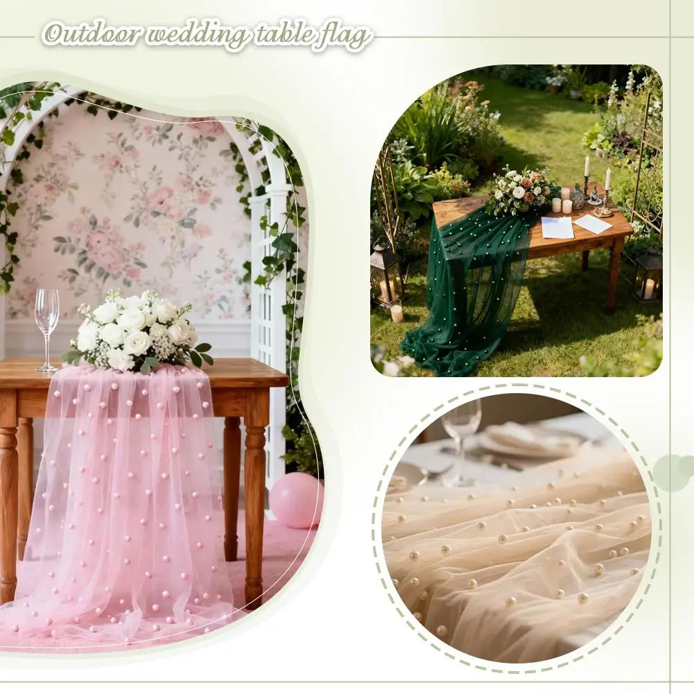 Pearl Beaded Tulle Table Runner – Wedding & Party Decor