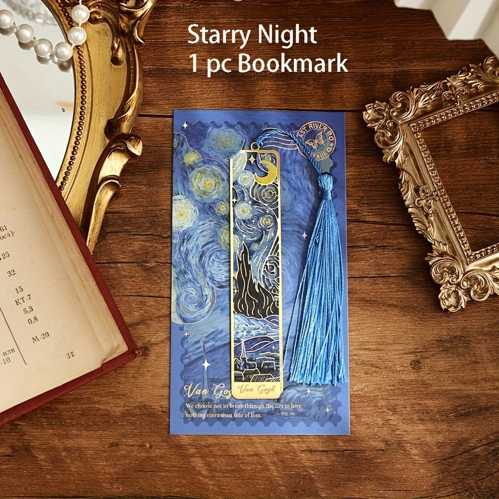 Vintage Oil Painting Metal Bookmarks - Hollow Hot Stamping Long Tassel Bookmarks - Stationery Gifts for Book Clubs, Book Lovers, Oasis Select Starry Night