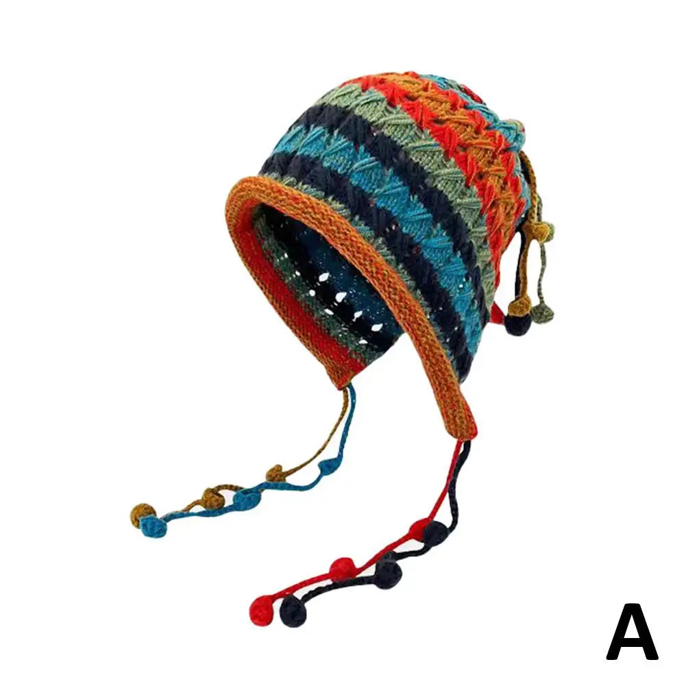Rainbow Striped Knit Beanie Hat – Women's Winter Ear Protection Knit Beanie Hat Oasis Select Red One size