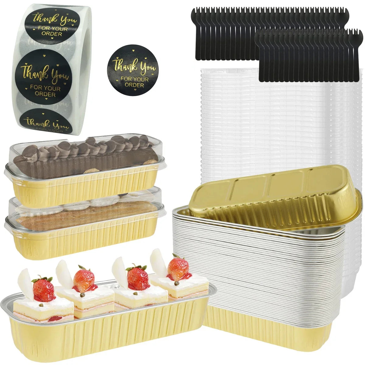 50-Set Mini Aluminum Foil Loaf Pans with Lids & Spoons 6.8oz Aluminum Foil Bakeware Oasis Select Gold