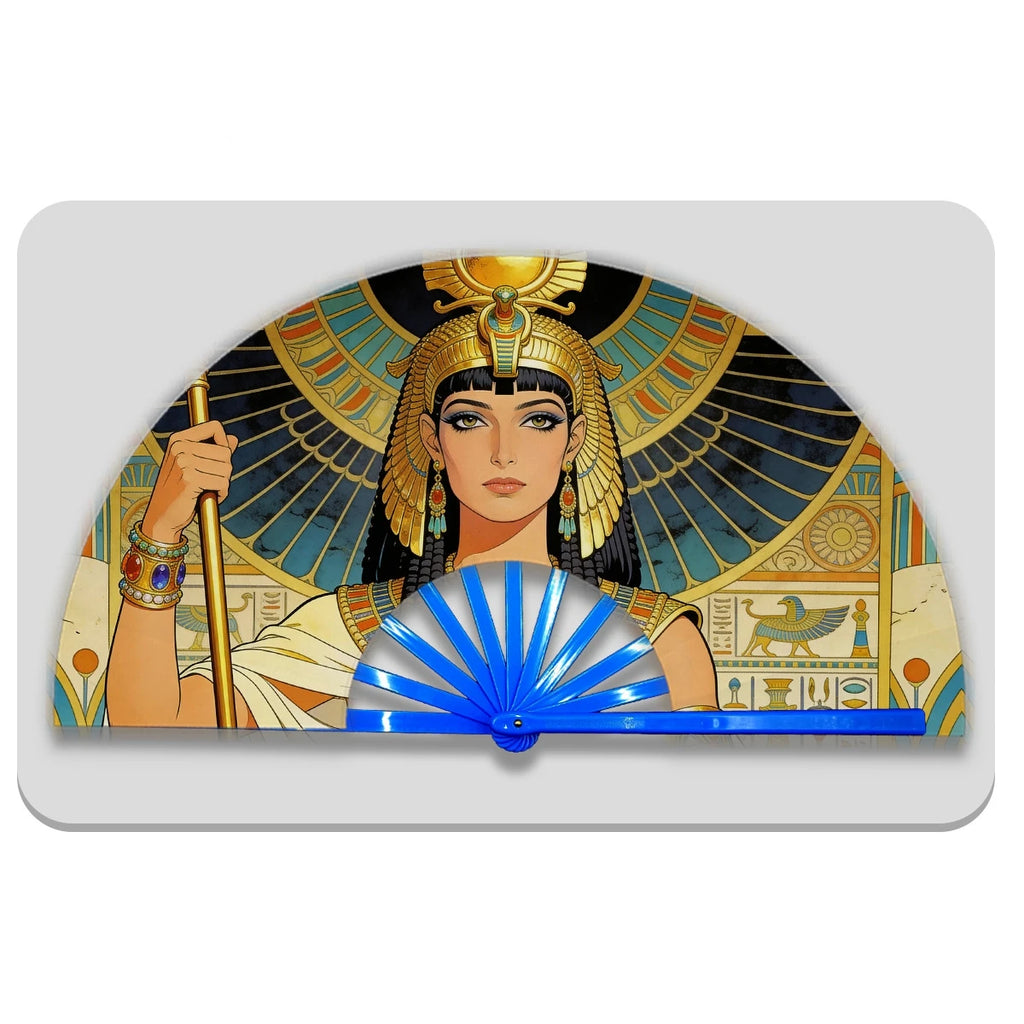 13" Egyptian Cleopatra Folding Fan - Plastic Rib Large Hand Fan for Cosplay, Ancient Egypt Party Decor & Summer Cooling Oasis Select Blue
