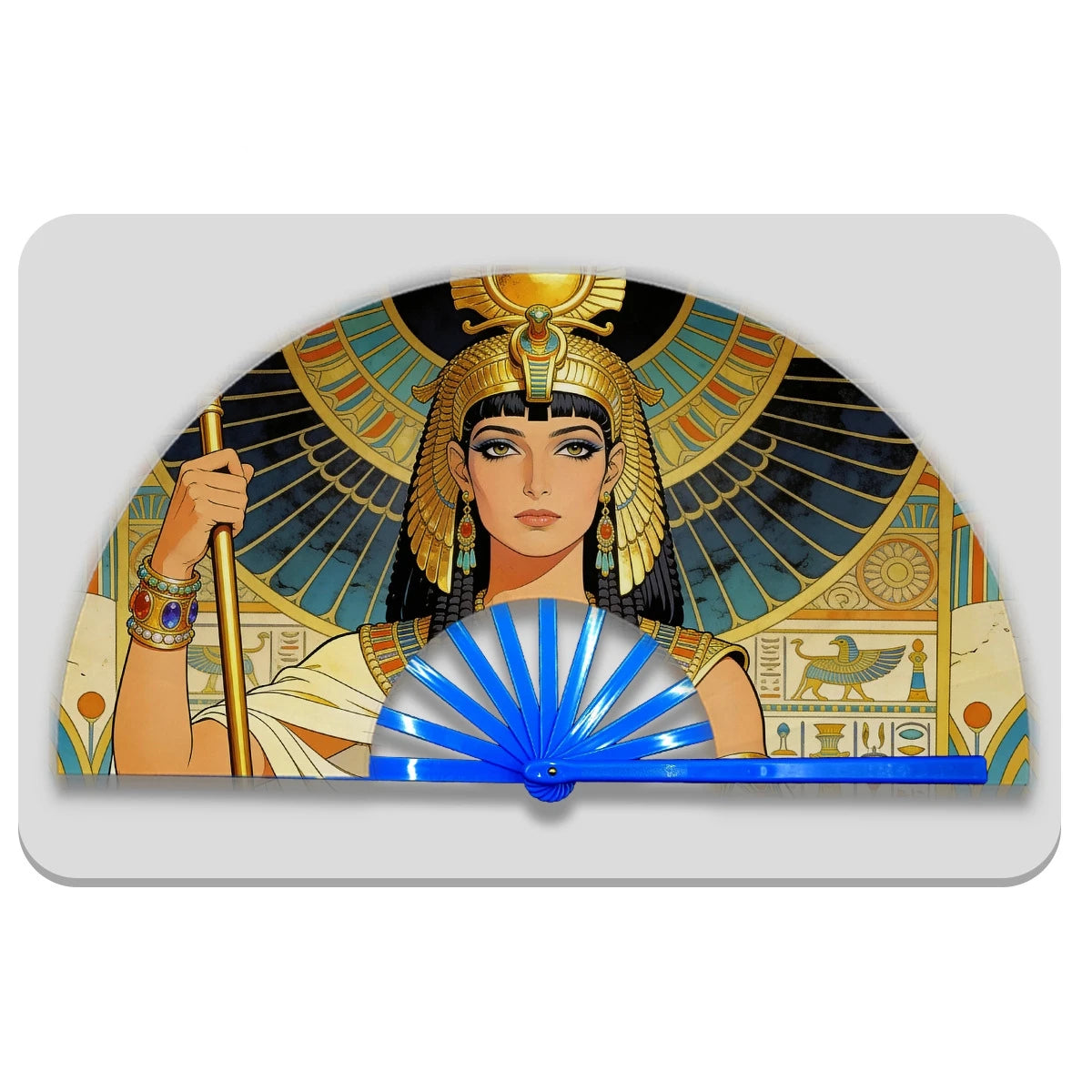 13" Egyptian Cleopatra Folding Fan - Plastic Rib Large Hand Fan for Cosplay, Ancient Egypt Party Decor & Summer Cooling Oasis Select Blue