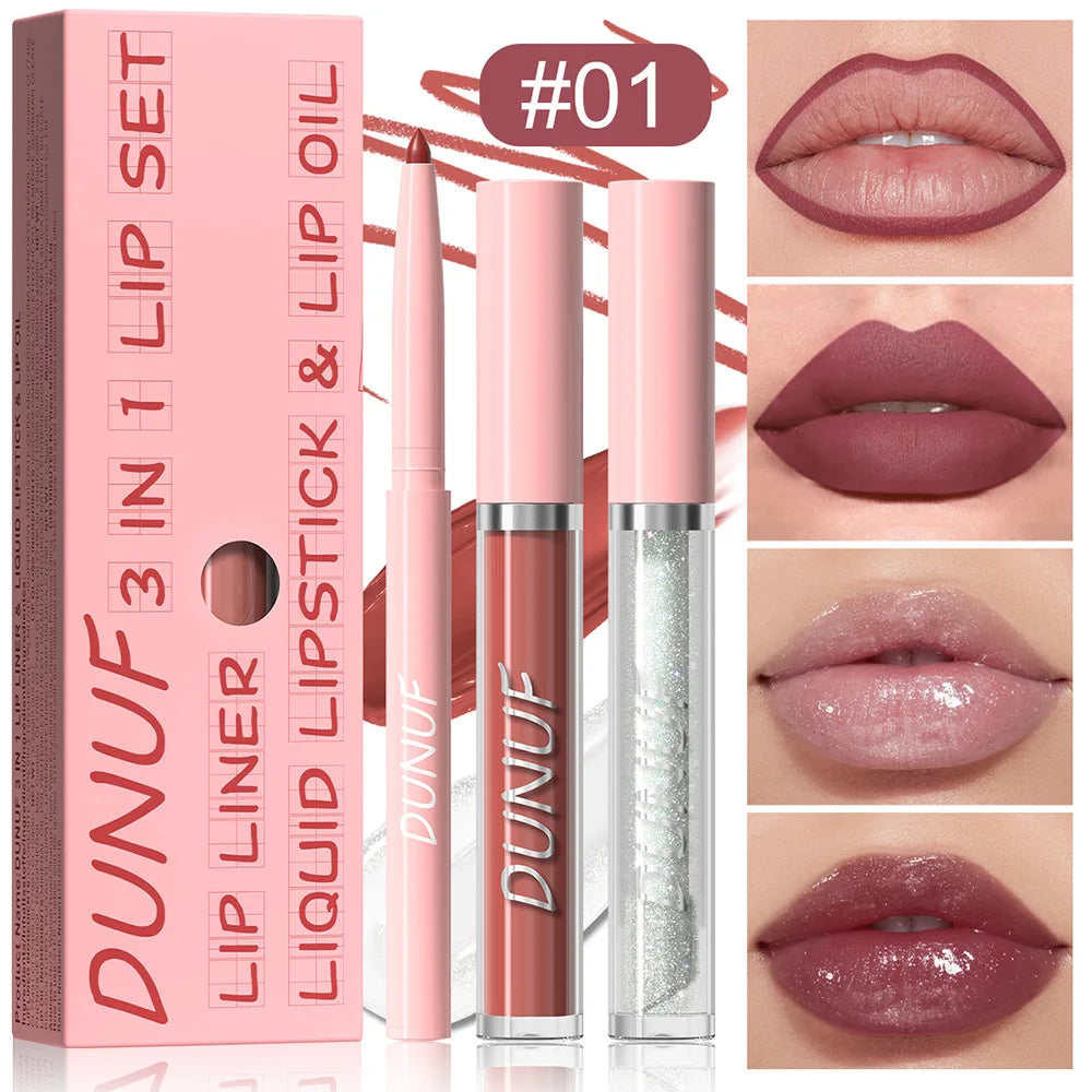 DUNUF 3-Pc Matte Lipstick Set – Lip Liner, Gloss & Oil Kit