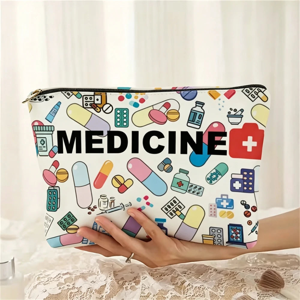 1pc Medicine Themed Cosmetic Travel Bag, Foldable Zippered Makeup Organizer for Healthcare Professionals, Gift Idea, Make Up Bag Oasis Select