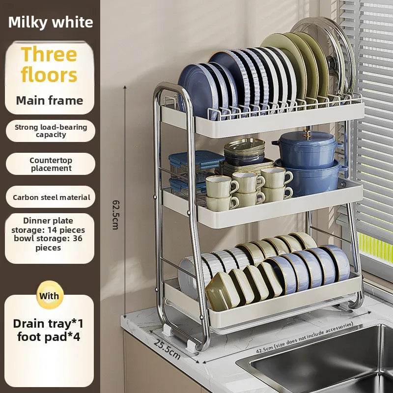Kitchen Bowl Rack Drain Rack Stainless Steel Tableware Plate Storage Shelf Milk White Household Multifunctional Countertop Oasis Select White three layers
