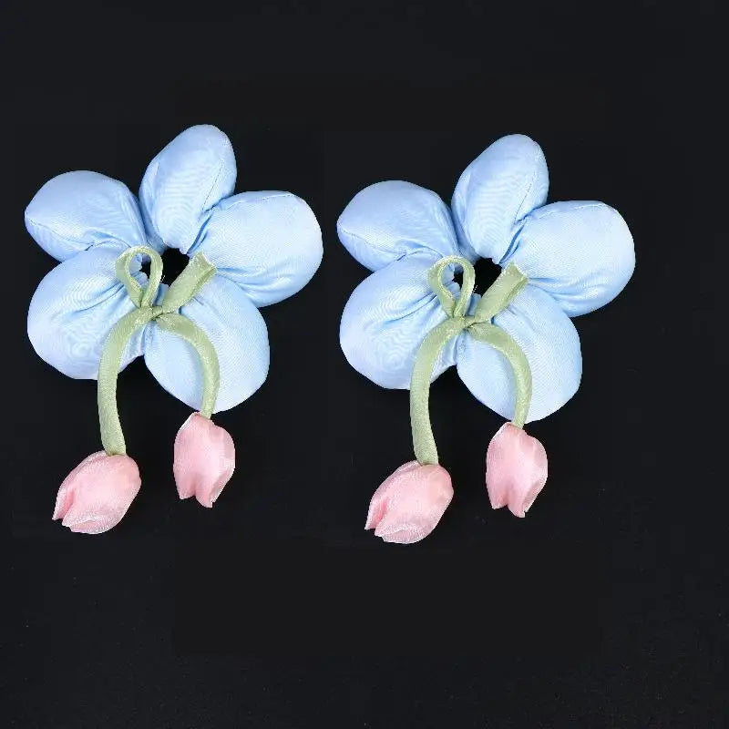 Cute Candy Color Flower Hair Tie Scrunchie Soft Fabric Elastic Ponytail Holder Lovely Hair Accessories For Girls Women Gift Oasis Select 2PCS Blue