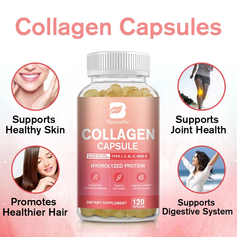 BEWORTHS Collagen Capsules Type I, II, III, V & X Hydrolyzes Protein Collagen Peptides Immune System and Skin, Joint Health Oasis Select