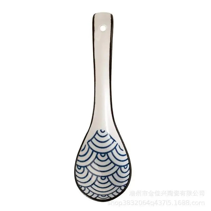 Japanese-style Small Blue And White Ceramic Spoon With Underglaze Decoration, Extended Length For Soup And Noodle Serving Oasis Select