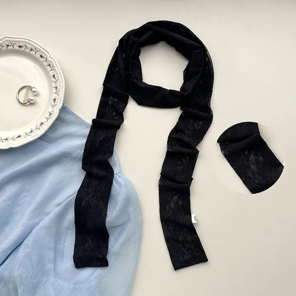 French Style Lace Long Scarf Dots Flower Elegent Hair Band Neckerchief Multi-functional Dressing Decoration Neck Strap Women Oasis Select 2-Black