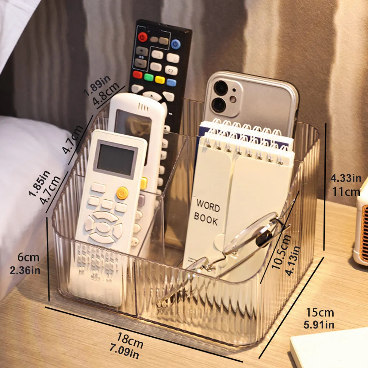 1pc Transparent Desktop Storage Box for Home Use, with Compartments, Remote Control, Makeup Brush Organizer Oasis Select Stripe-4 grid