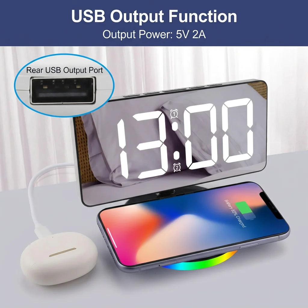 Digital LED Mirror Alarm Clock With 15W Wireless Charging RGB Ambient Night Light Dimmable Large Display for Bedroom Desktop Oasis Select