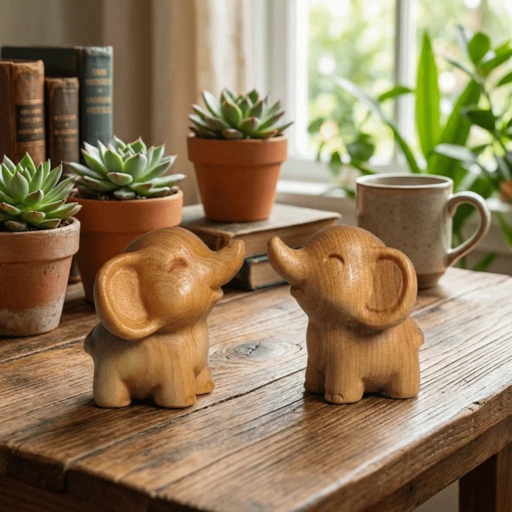 Hand-Carved Wooden Elephant Figurine | Mini Tabletop Ornament