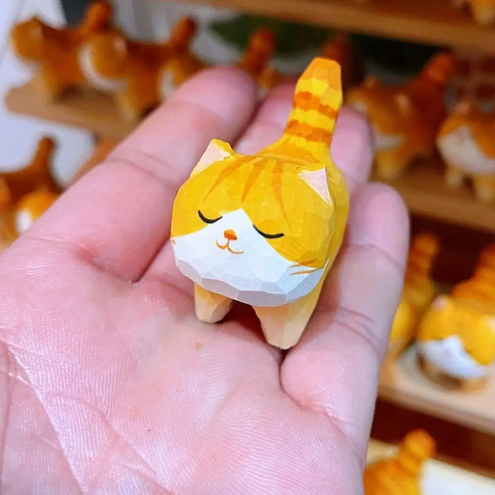 Handmade Wooden Carved Cat Figurine Multi Style Cute Kitten Sculpture Calico Orange Cat Desktop Decor Home Indoor Art Craft Oasis Select