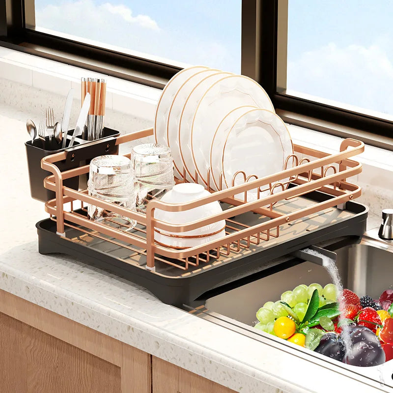 Kitchen Shelf Dish Drain Rack Diversion Drain Dish Rack Multifunctional Household Countertop Single Layer Cutlery Rack Oasis Select champagne gold