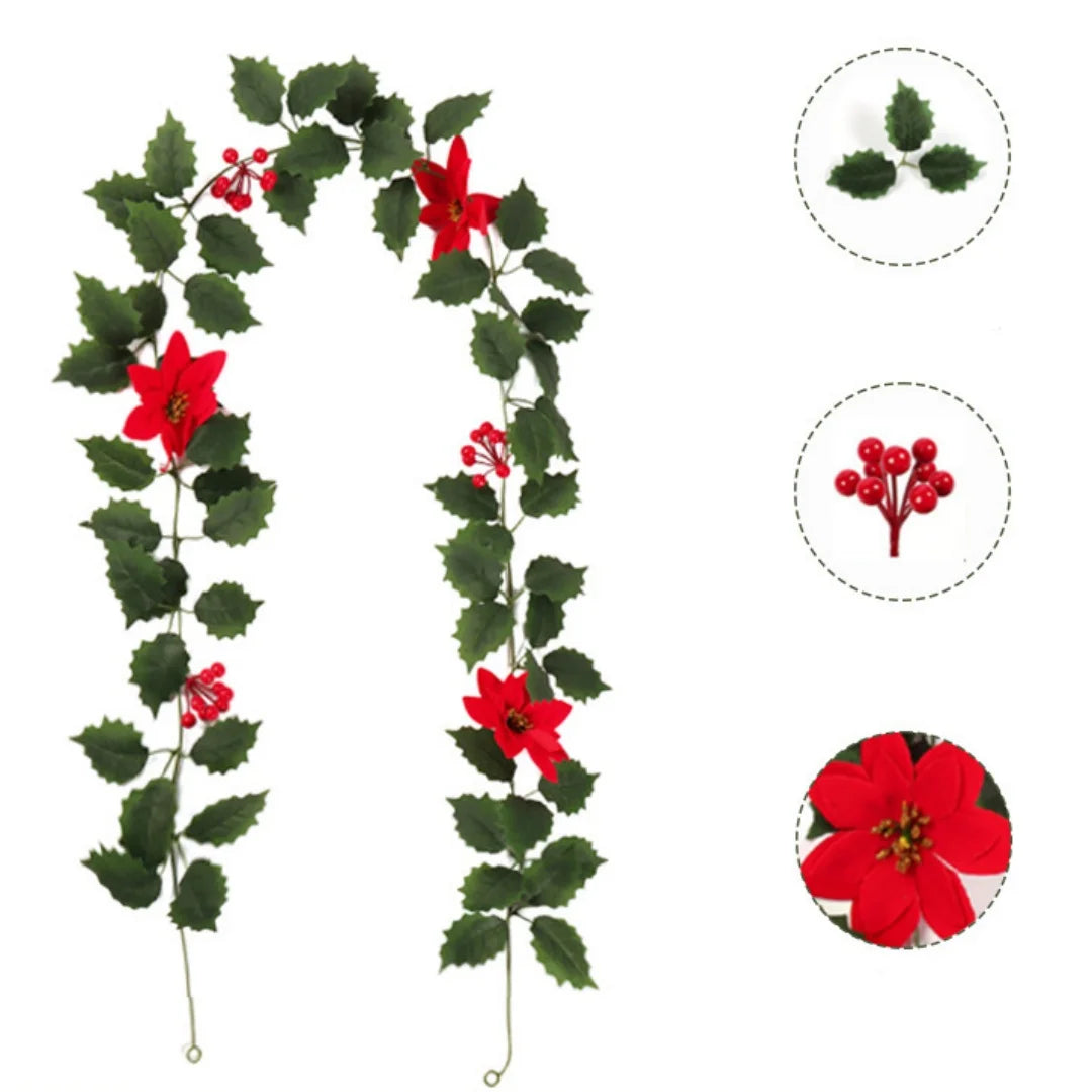 2M Christmas Garland String Light Artificial Red Berry Holly Leaves DIY Rattan Wreath For Xmas New Year Holiday Home Decoration Oasis Select Style 3