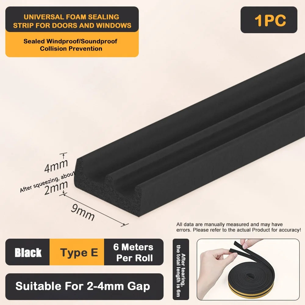 Self Adhesive Weather Stripping Door Seal Strip EPDM Soundproof Weather Stripping Windproof 6Meters Weatherstrip for Window Oasis Select Black - E Type
