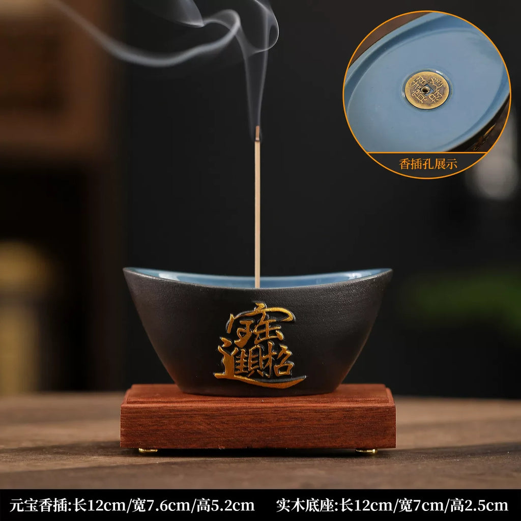 Jade Ceramic Yuanbao Incense Burner Attract Wealth, Stick & Coil Incense Holder for Tea Room Home Desktop Decoration Oasis Select H